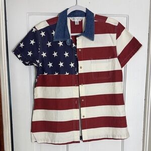 American Flag Button Down Shirt with Denim Collar